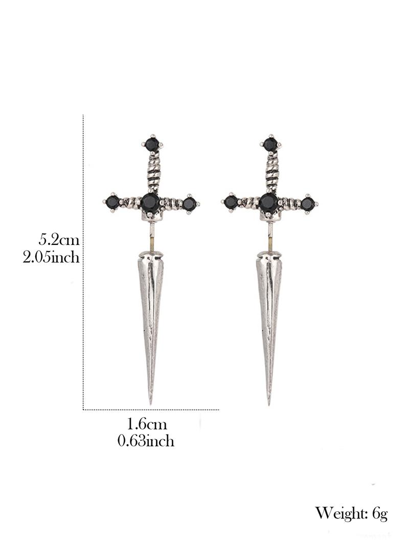 Artificial Crystal Decorated Gothic Sword Stud Earrings, 1 Pair Vintage Punk Jewelry for Women for Party, Daily Clothing Decor, Trendy All-match & Exquisite Jewelry for Birthday Gift, Cross Dangle Earring