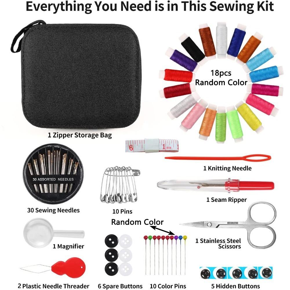 Basic Sewing Kit with Needles & Threads, Essential Sewing Supplies for Beginners, Home Use, Travel, Emergency Kits Include Scissors & Measure Tape