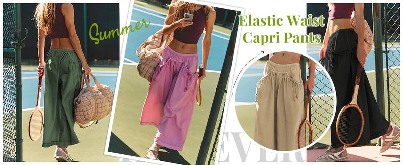 SCUSTY Women's Loose Wide Leg Track Pants Drawstring Pockets Elastic Waist Capri Hiking Pants Womenswear