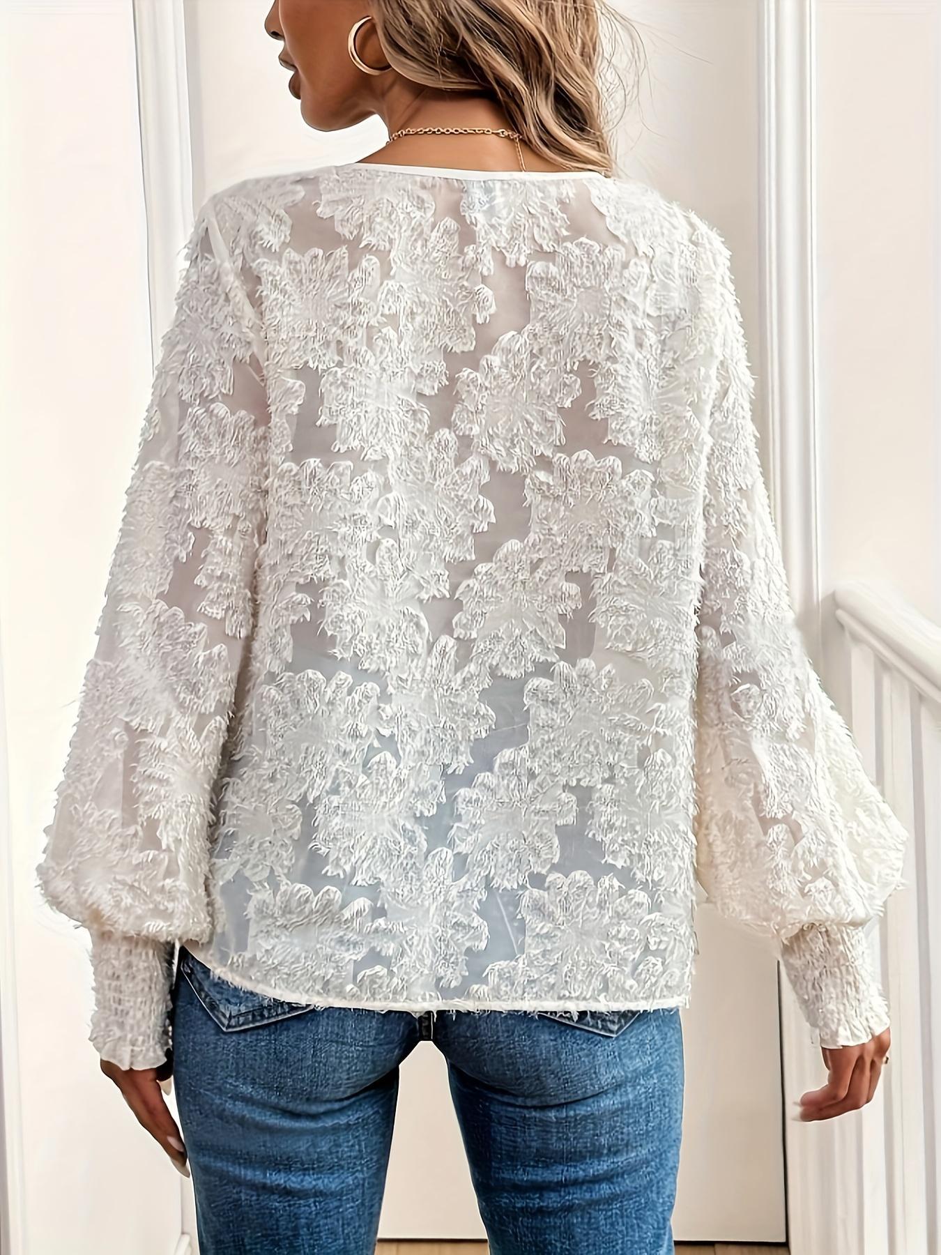 A versatile women's casual fashion 3D faux fur lace print lantern sleeve shirt, exuding gentle charm, suitable for both layering and standalone wear, perfect for dates, parties, and ideal for spring and summer