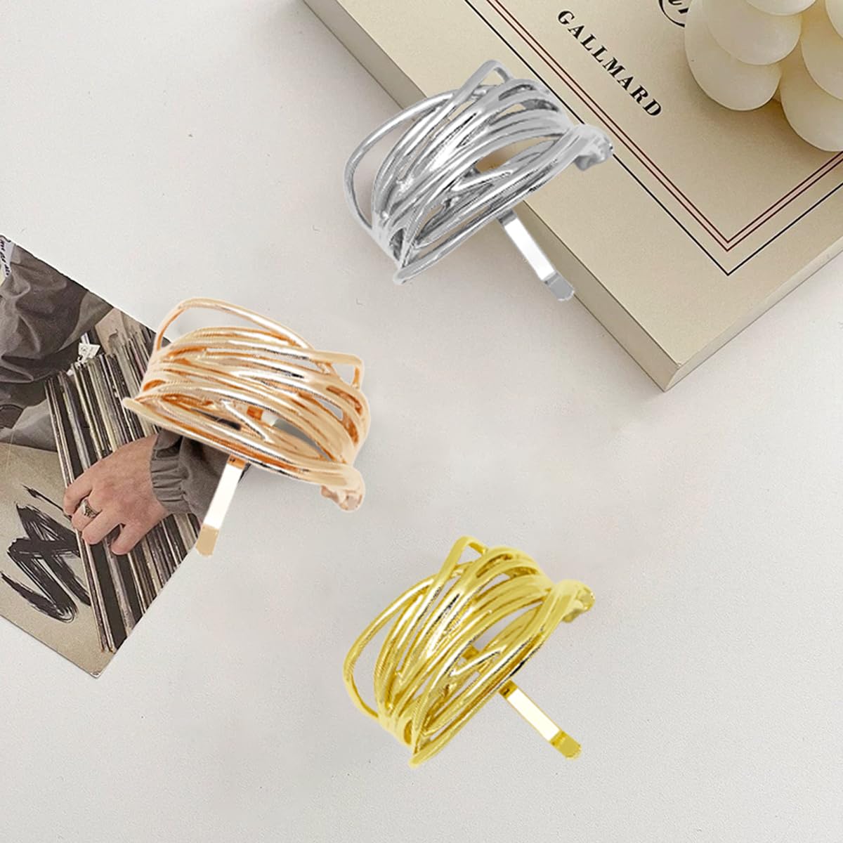 3 Pcs Metal Ponytail Holder Hair Clips Gold High Ponytail Buckle Hair Cuff Silver Ponytail Cuff for Long Hair Women Girls Hair Buckles Decorative Barrettes French Strong Hold Hair Jaw Clip Accessories