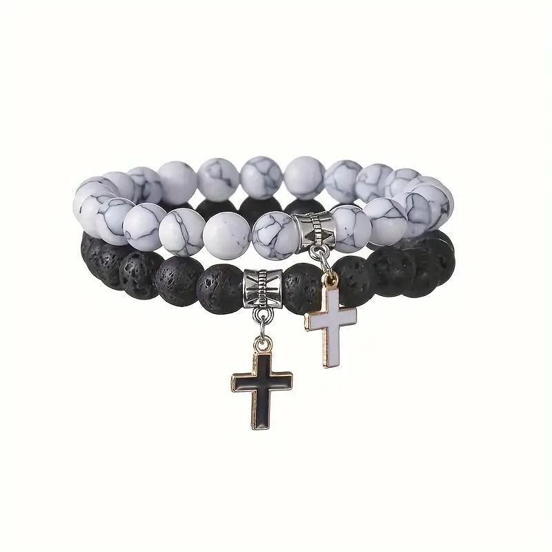 Agate Volcanic Stone Cross Pendant Bracelet, High-End Couple Bracelet, Perfect Gift for Christmas & Thanksgiving, Religious Jewelry Gift Agate Volcanic Stone Cross Pendant Bracelet, High-End Couple Bracelet, Perfect Gift for Christmas & Thanksgiving, Religious Jewelry Gift