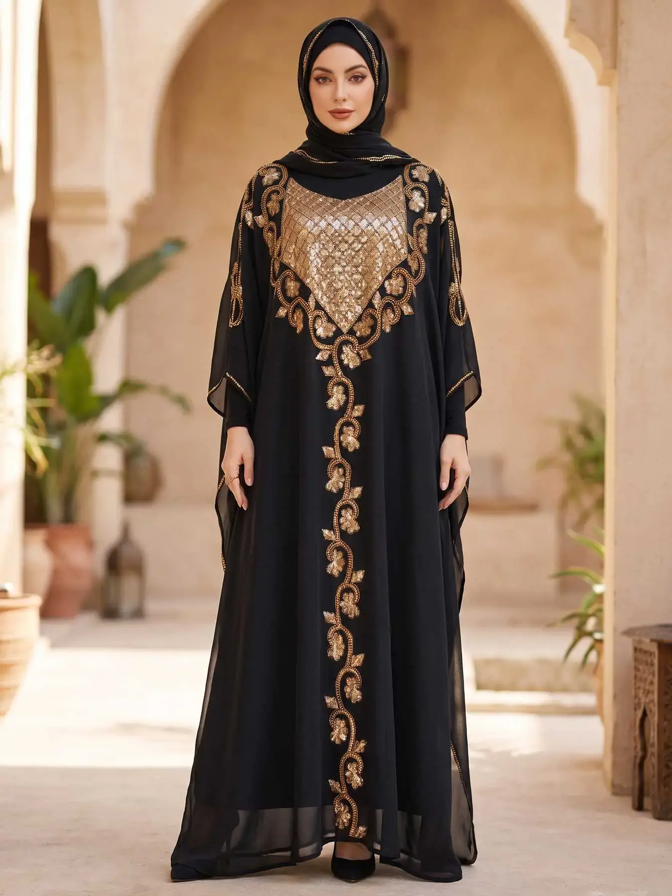 Gold Embroidered Middle Eastern Robe for Women, Sequin Luxury Arabic Dress, Evening Wedding Maxi Dress, Elegant Long Sleeve