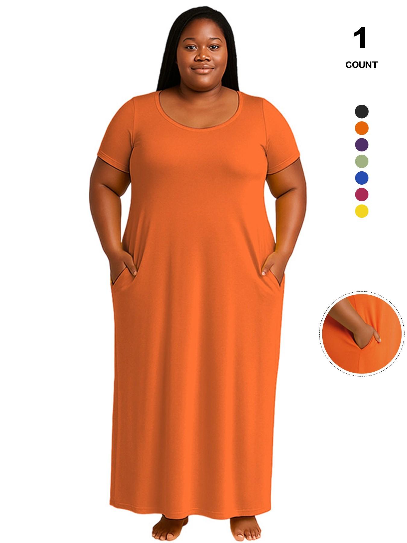 Plus Size Women's Solid Color Dress, Sexy Round Neck Short-Sleeved Long Dress, European and American Summer New Arrival, Casual Style