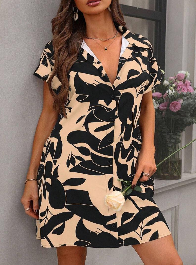 Plus Size Lapel Short Sleeve Shirt Dress, Botanical Print, Loose Curvy Friendly Mini Dress