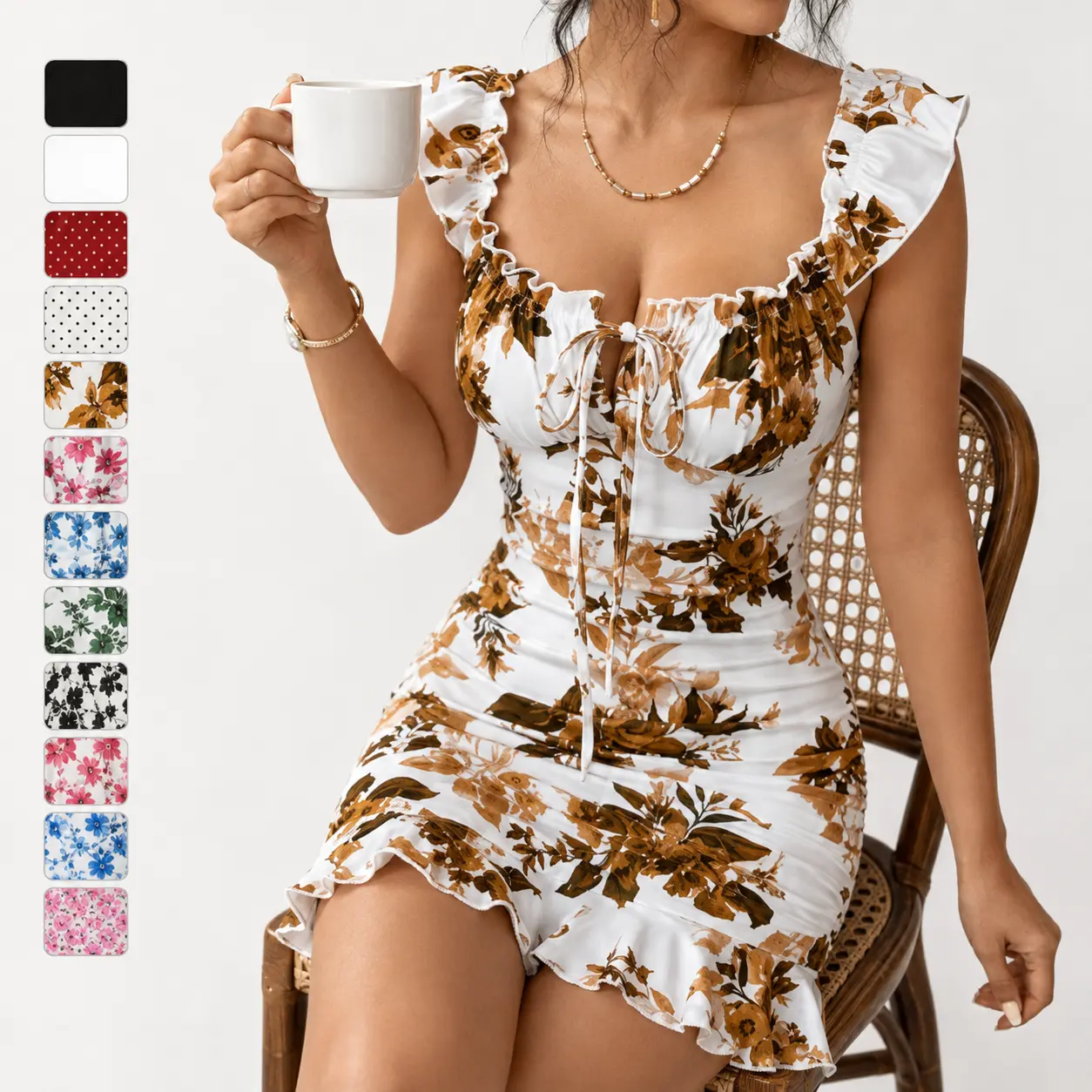 Lady's Active Daily Casual Wear Slim-Fit Bohemian Knitted Print Sports Dress - French-Inspired Sleeveless Mini Dress with Cut-Outs, Bow Detail, Ruffles