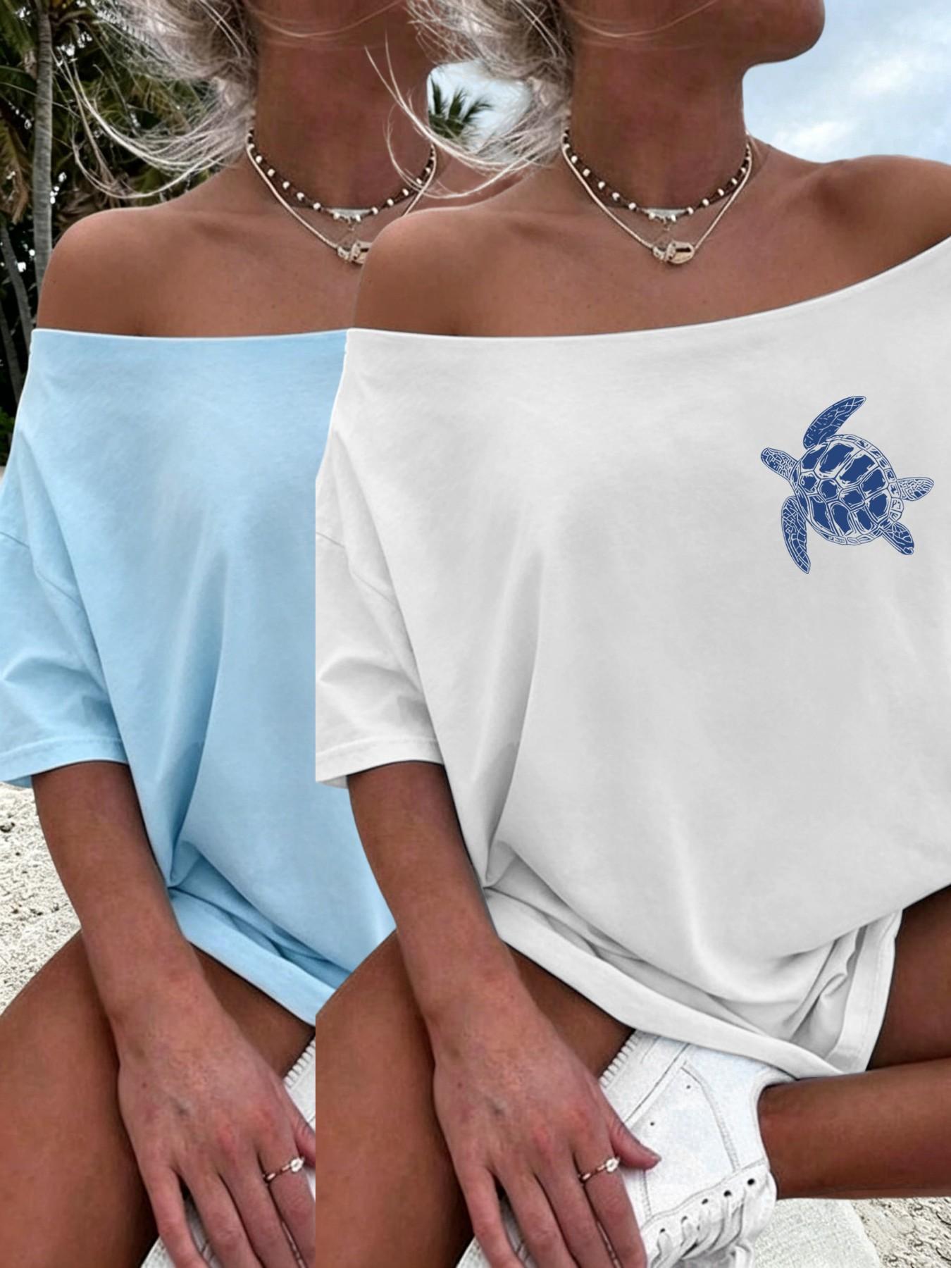 Women's Oceanic Turtle Print Off-Shoulder Loose Summer T-Shirt, Casual Fashion Loose, Casual Short Sleeve Bohemian Beach Top, Boho Casual Wear