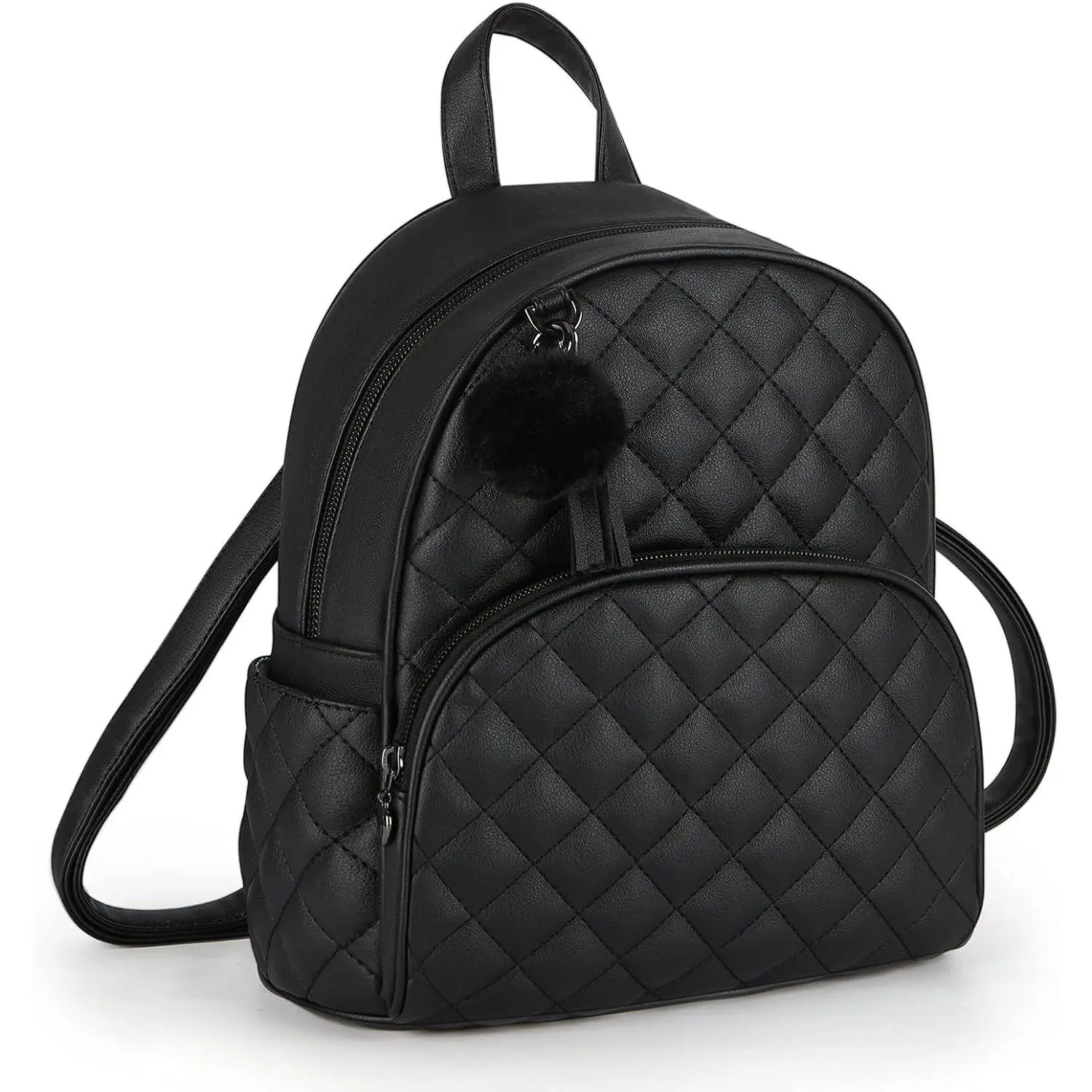 Women's Leather Mini Backpack Purse with Pom Pom and Tassel, Stylish Shoulder Bag for Travel and Daily Outings, BlackGift
