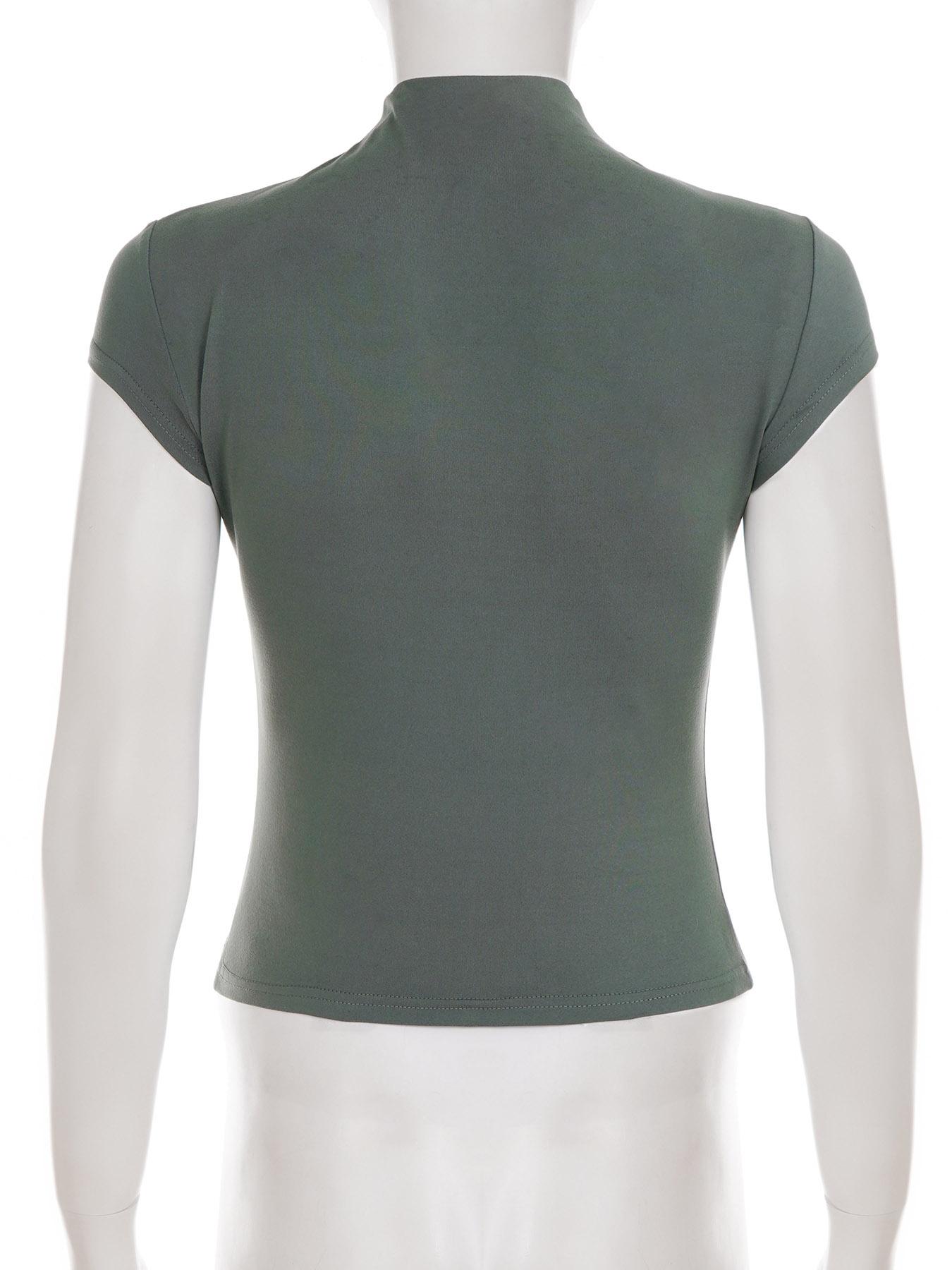 Women's Stand-Collar Solid Color Top, Short-Sleeve T-Shirt with Single-Button Hollow-Out Slim-Fit Design, Summer Casual Chic Top, Womenswear