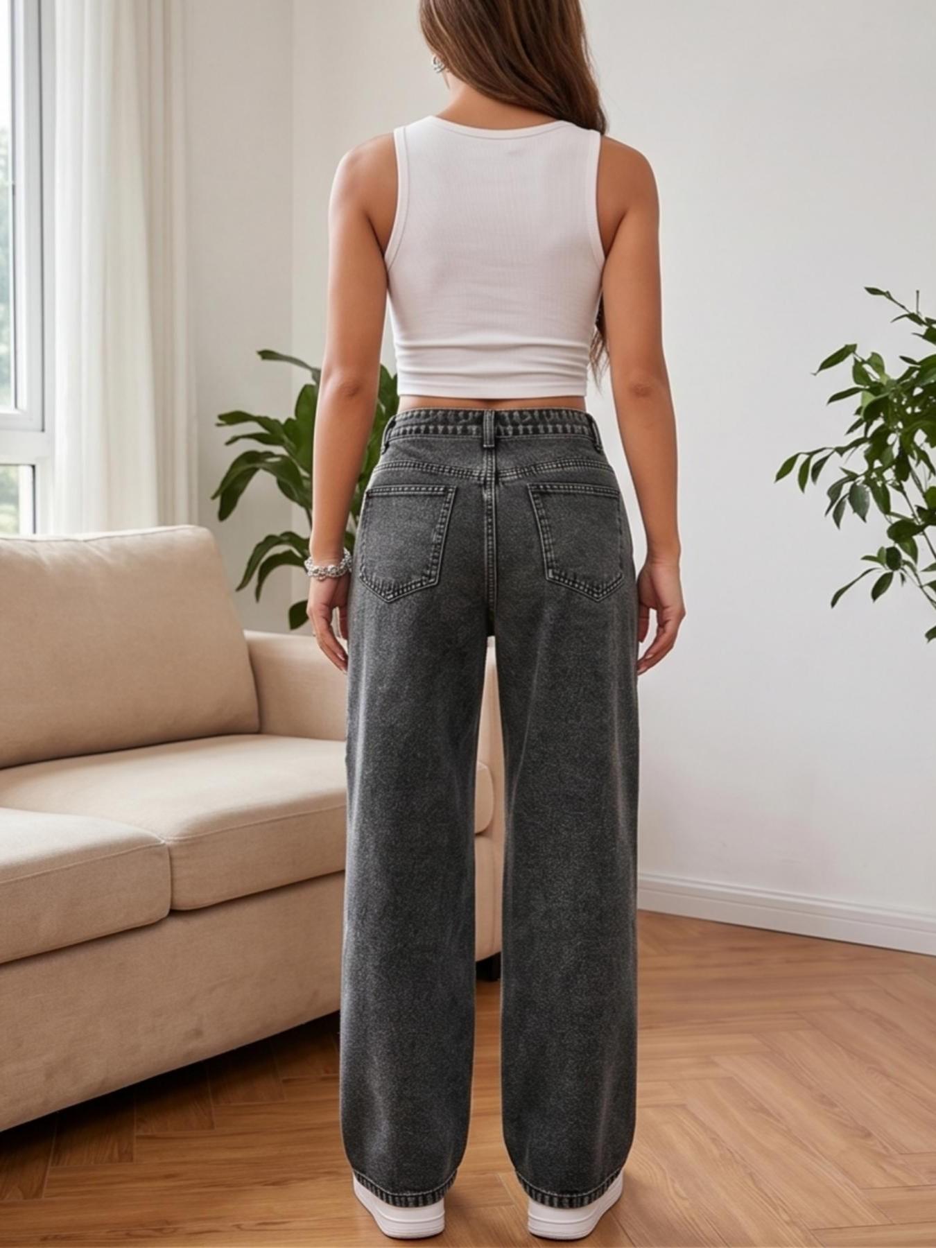 High-Waisted Star Pattern Jeans for Women, Y2K Style Loose-Fit Wide-Leg Trousers, Casual Zipper Fly Design