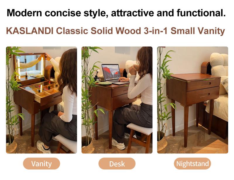 【HOT】Small Space Vanity Desk, 100% Solid Wood Makeup Table, Flip-Top Mirror with Lights, Space-Saving Makeup Table with Drawers, Adjustable Brightness, Elegant & Functional Vanity, Narrow Space Available