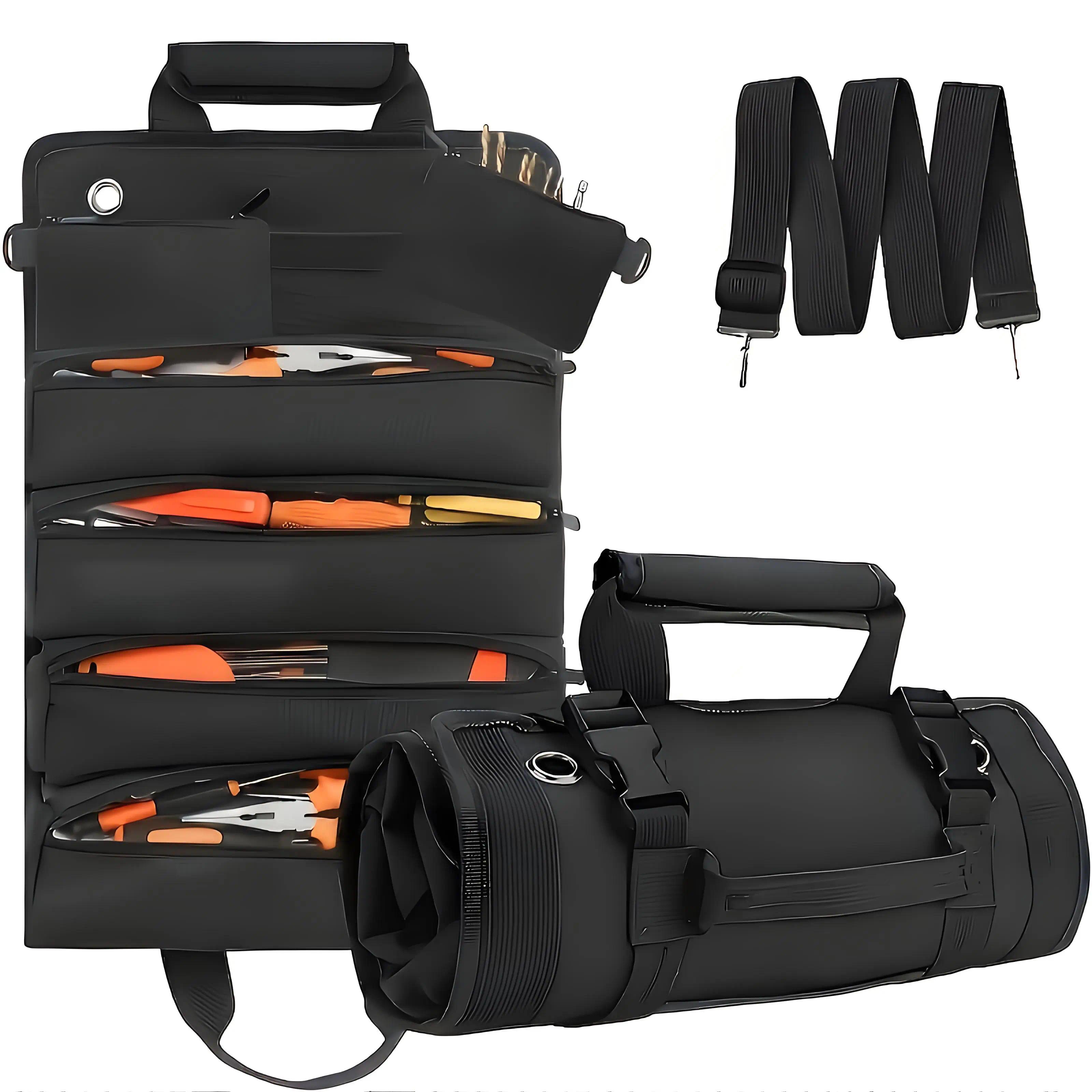 Heavy-duty waterproof tool organizer with 6 pockets.Removable and adjustable, suitable for electrician's, carpenter's and construction worker's tool belts.Portable and practical storage tool kit.Roll-up tool bag.  Tool Roll with Carrying Handle versatile