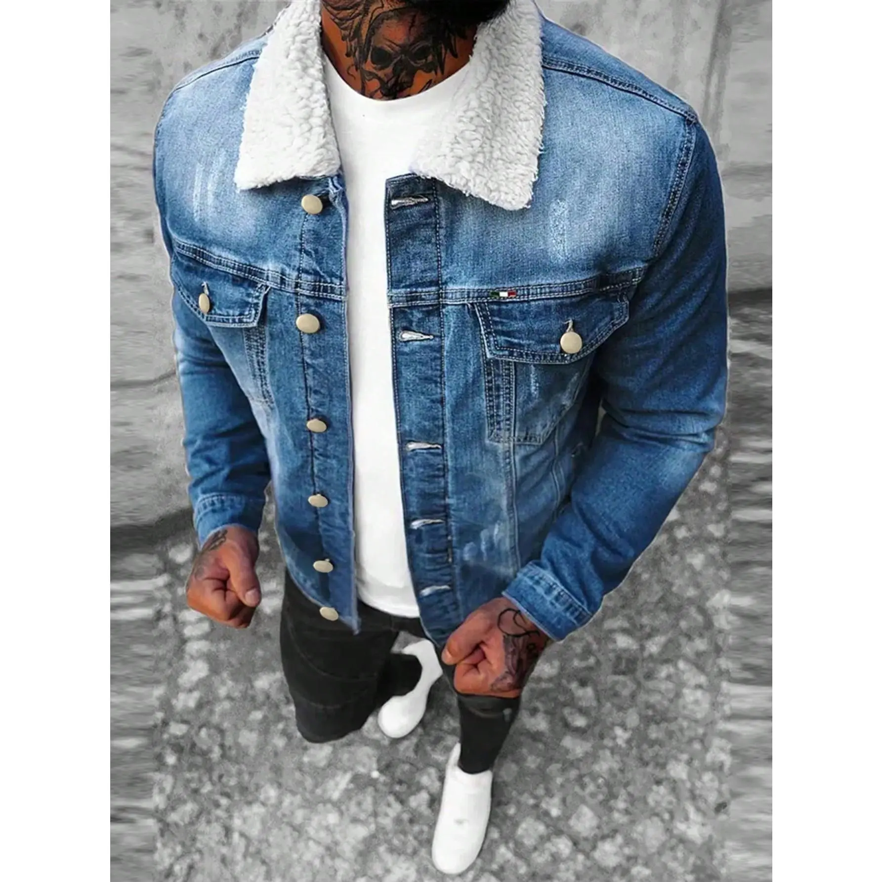 Men's Sherpa Collar Denim Trucker Jacket, Vintage Washed Distressed Button Up Jean Coat, Fashion Versatile Streetwear Outerwear, Classic Timeless Stylish Denim Jacket for Daily Casual Outfits