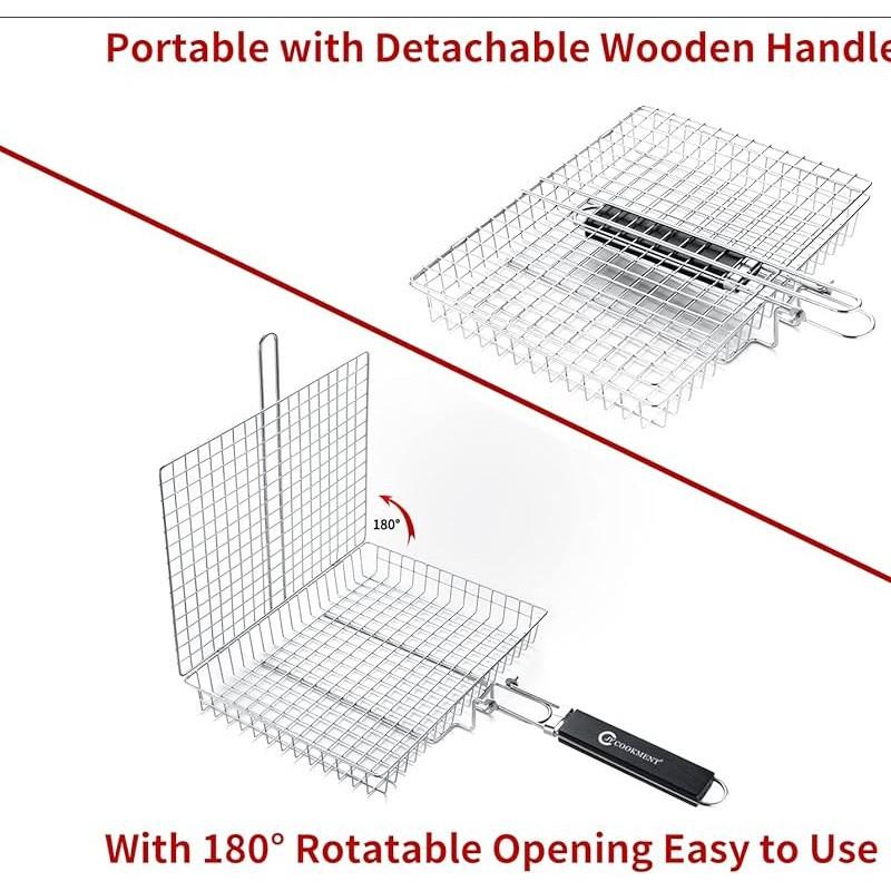 BBQ Stainless Steel Folding Handle Grill Tongue, Outdoor Multi-Functional Grill Net, Fish Meat Vegetable Rack, BBQ Tools