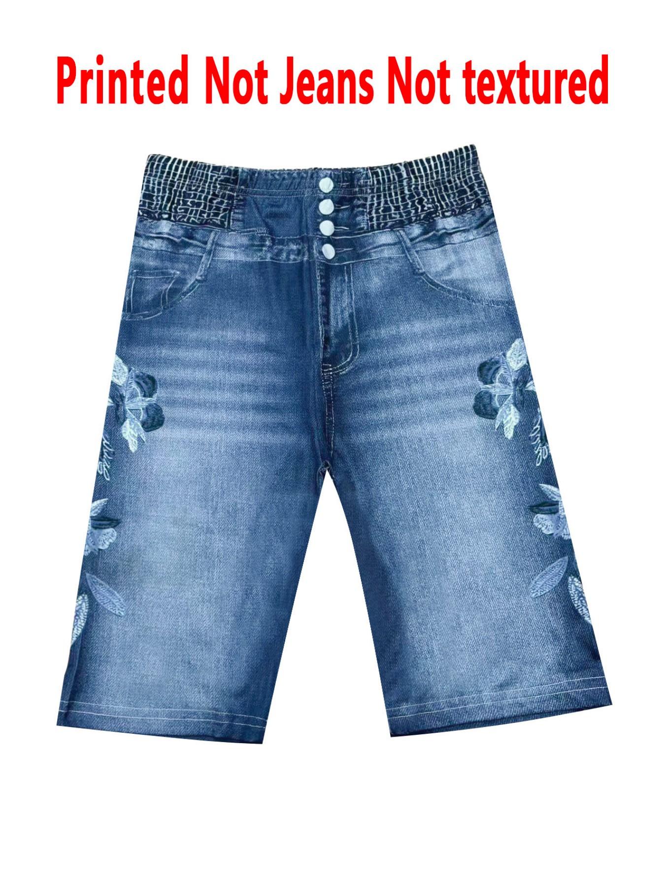 Women's Printed Skinny Pants Non-Denim Fabric, Ladies Short Five-Pocket Bottoms, Faux Denim Print Base Pants for All Seasons