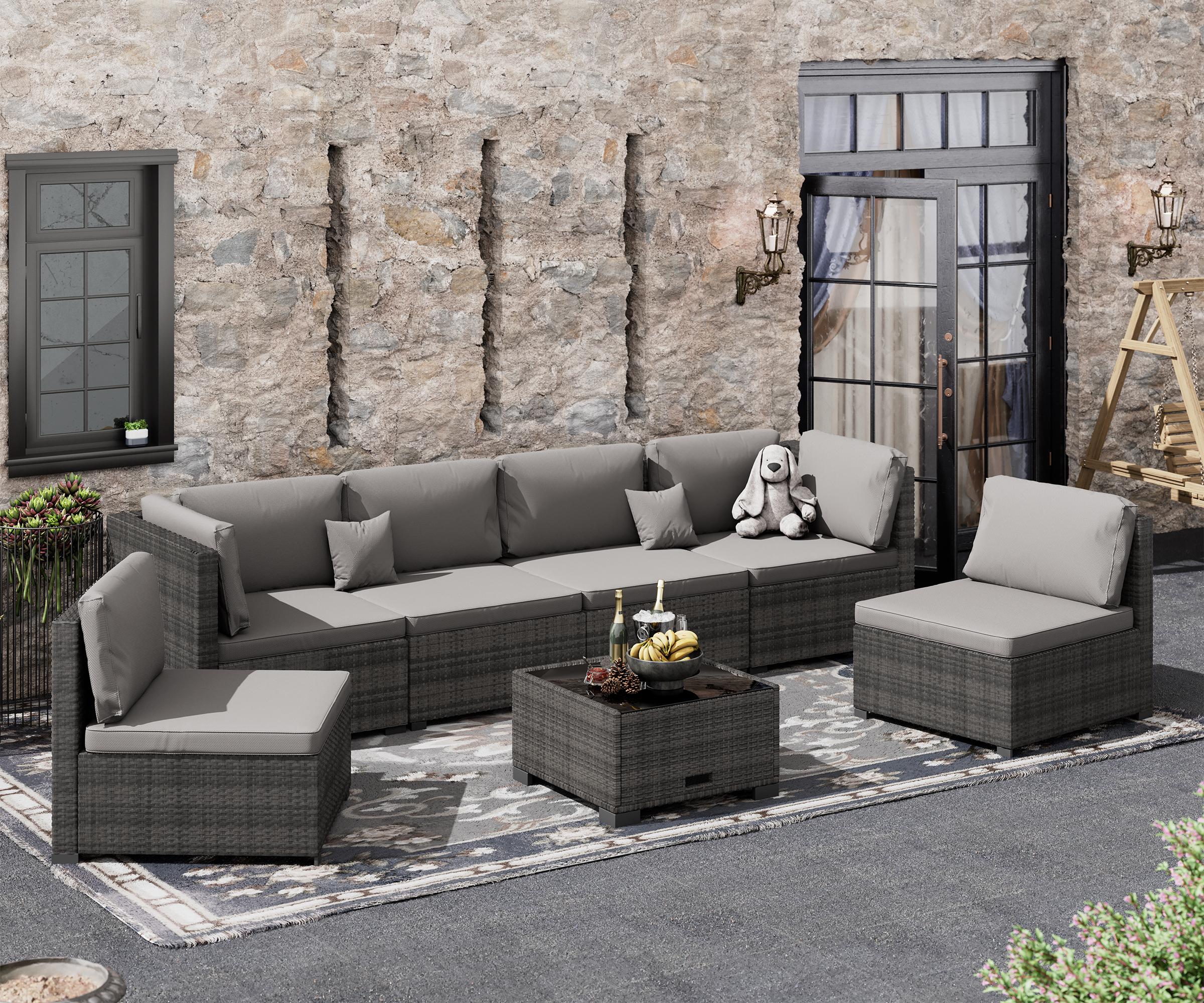 7 Piece Patio Furniture Set, Outdoor Furniture Patio Sectional Sofa, All Weather PE Rattan Outdoor Sectional with Cushion and Coffee Table. Swivel Chair Lounge