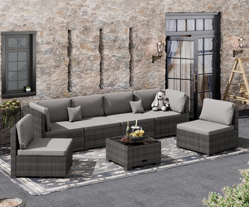 7 Piece Patio Furniture Set, Outdoor Furniture Patio Sectional Sofa, All Weather PE Rattan Outdoor Sectional with Cushion and Coffee Table. Swivel Chair Lounge