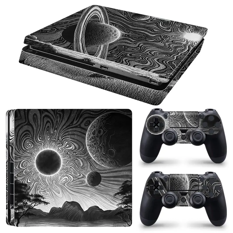Black White Cosmic Mountain Planet Art Vinyl Skin Cover for PS4 Slim Console and Wireless Controllers, Waterproof, Scratch-Proof & Long Lasting, Removable Without Residue Game Console Decor Sticker