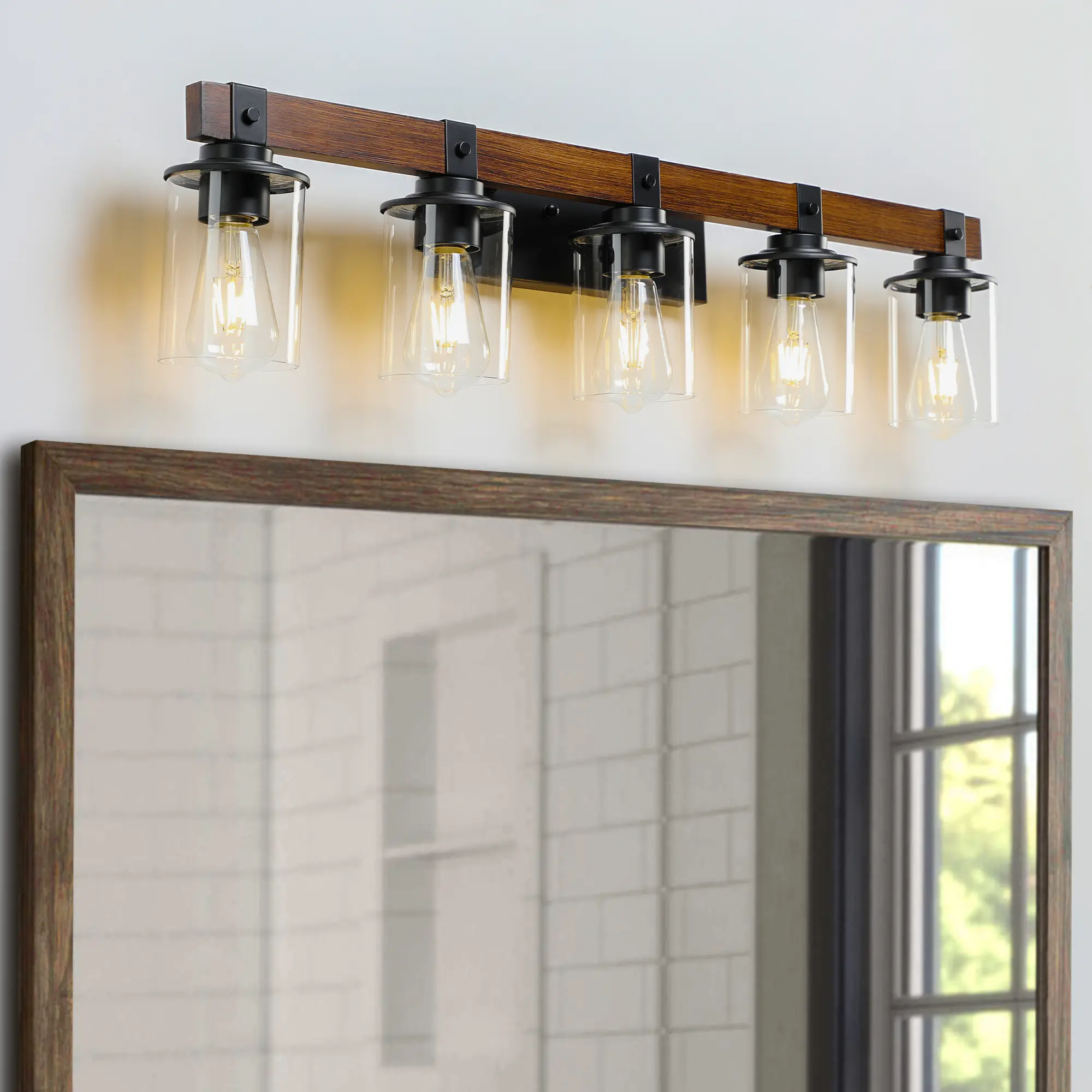Rustic Bathroom Vanity Light, Farmhouse 3-7 Light Wall Sconce with Clear Glass Shades and Wood Accent, Industrial Mirror Lighting Fixture for Bathroom, Bedroom (Bulbs Not Included)
