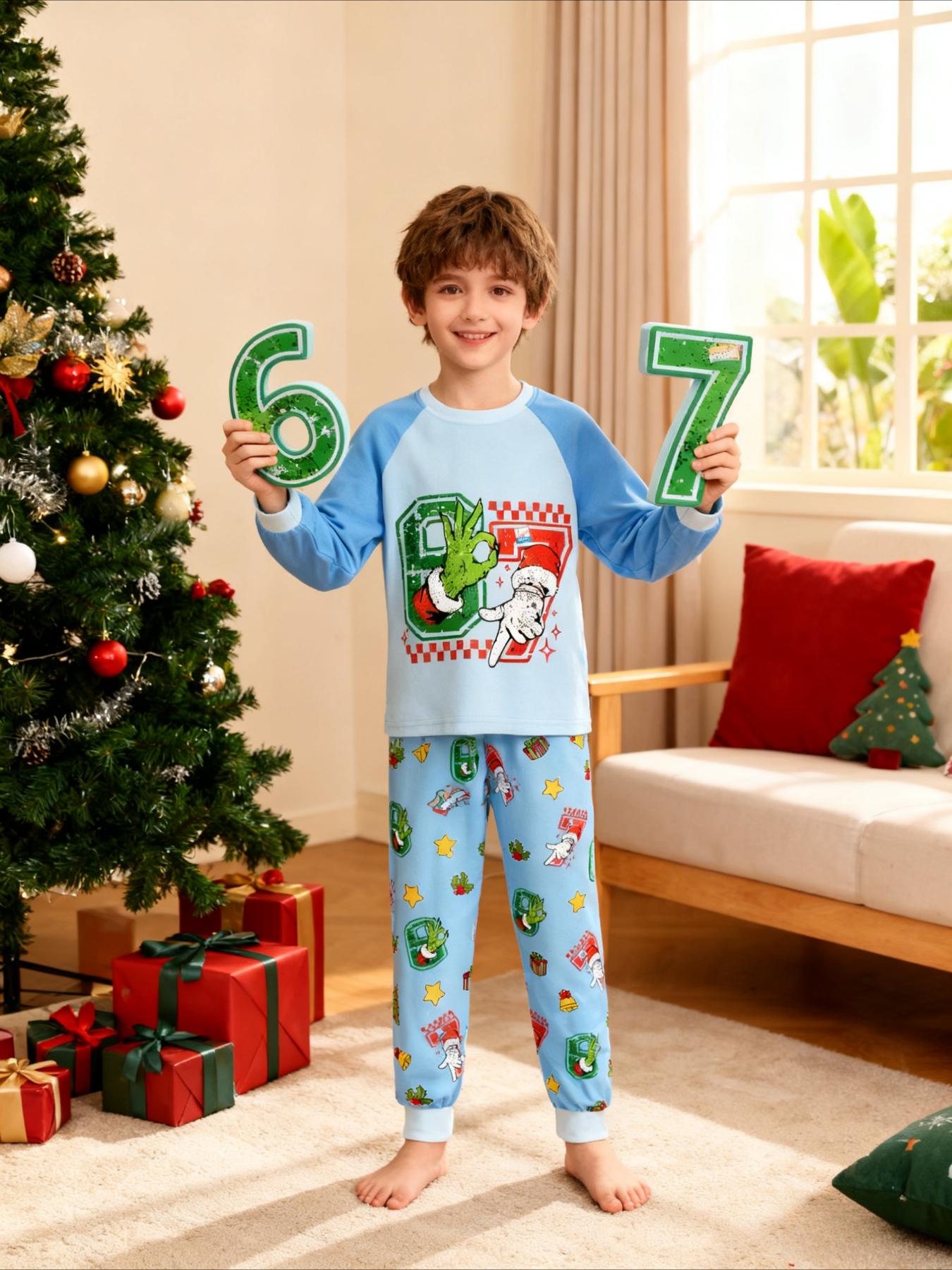 #67 Funny Kids Sleepwear Set Pajamas Christmas, Six Seven  Theme Fashion Print, Comfortable Soft Fabric, Holiday Gift Essential, Cartoon Print Pajama