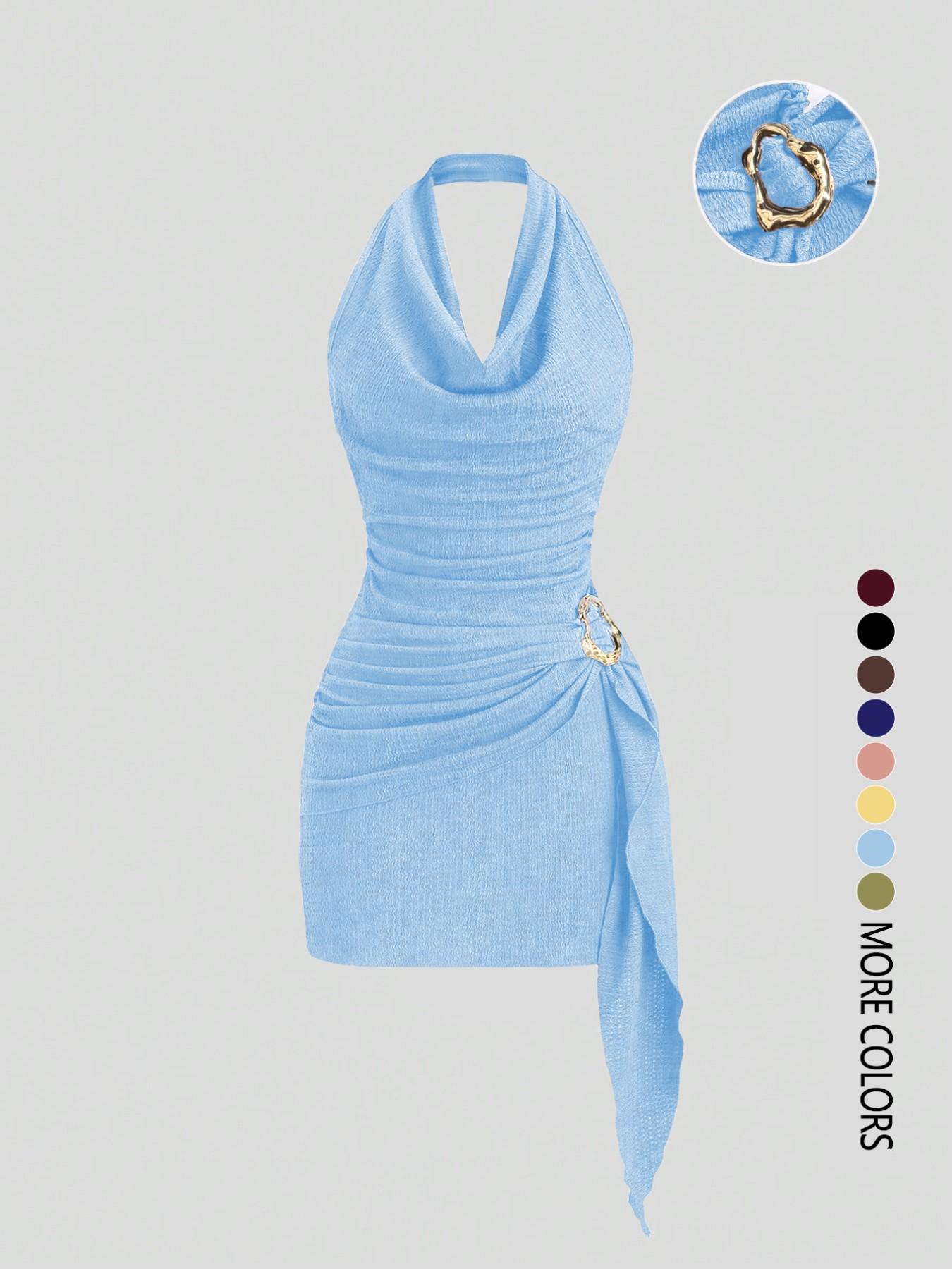 Women's Fashion Solid Color Ruched Halter Dress, Casual Office Wear, Elegant Backless Design, Perfect for Daily Wear, Stylish and Comfortable Dress