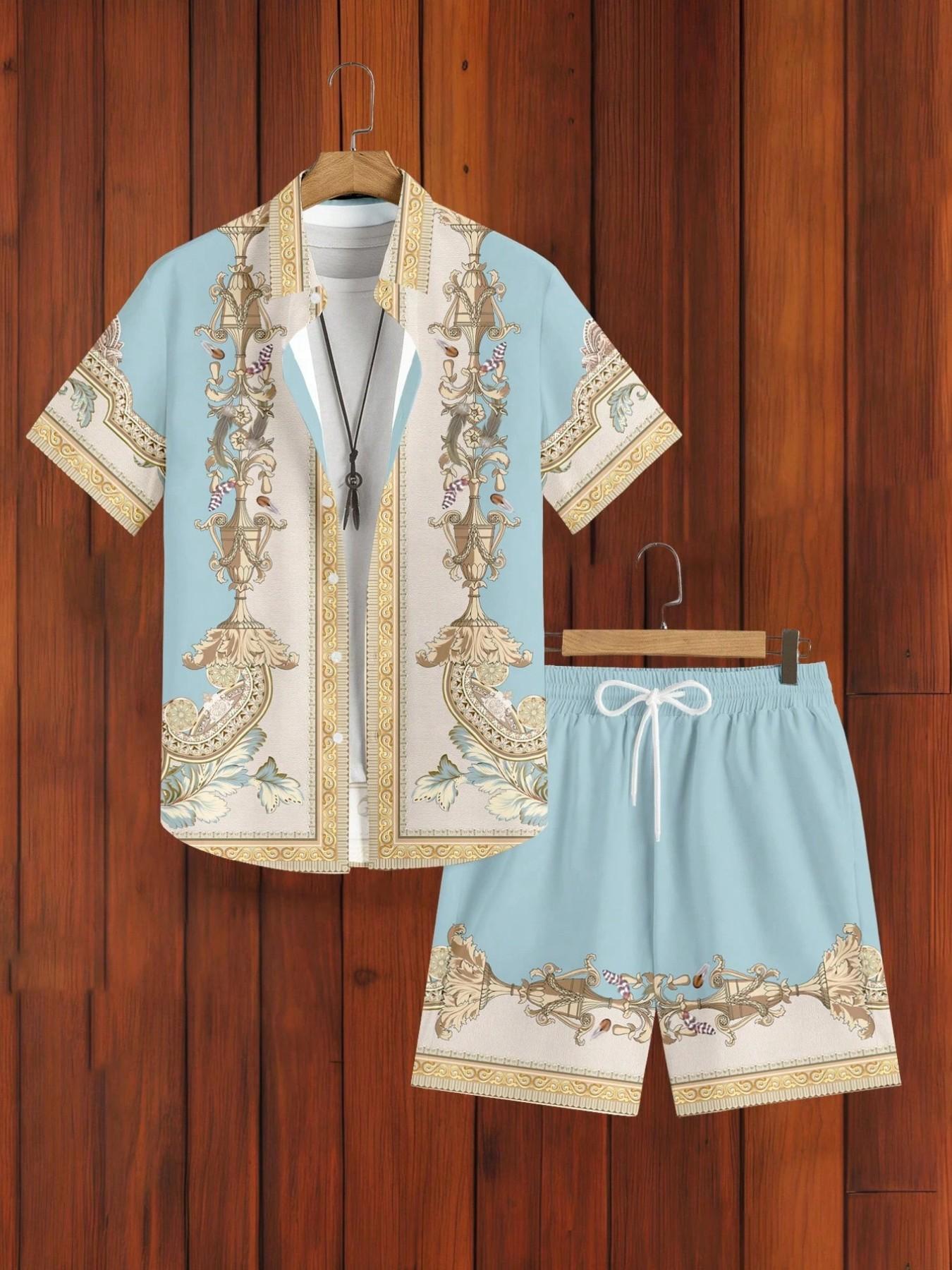 Men's Light Blue Baroque Scroll Two-Piece Set, Vintage Floral Vase Print Collar Shirt + Drawstring Shorts, Casual Loose-Fit All-Season