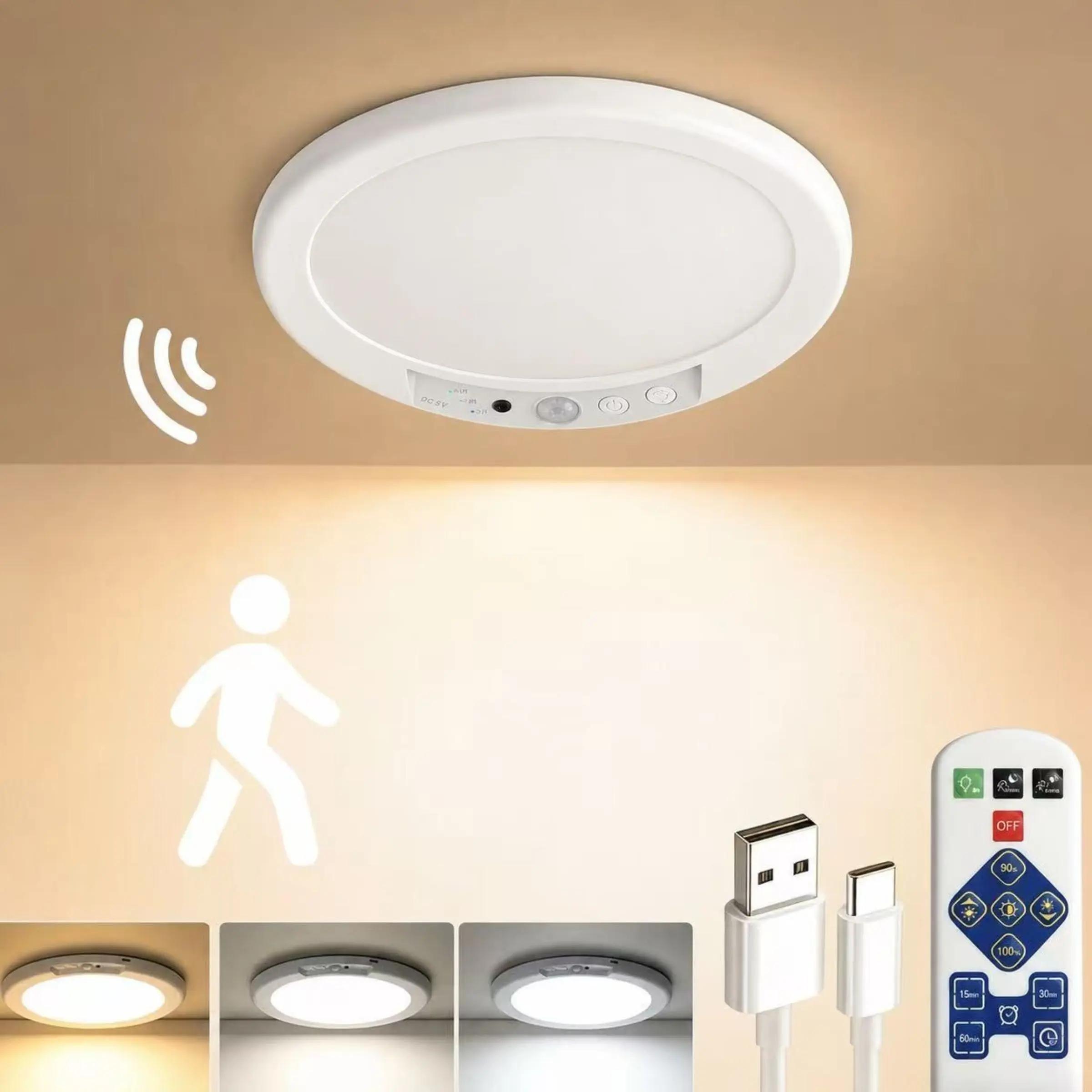 LED Motion Sensor Magnetic Ceiling Light with Remote, 3 Color Temperatures and Stepless Dimming, 3 Sensing Modes, 4000mAh Rechargeable Timer Lamp, Suitable for Bedroom, Living Room, Hallway and Stairway
