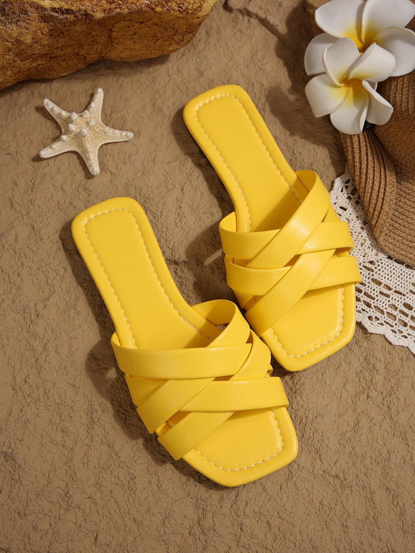 Women's Flat Square Toe Cross-Over Braided Slip-On Shoes, Comfortable Outerwear Footwear, Stylish and Practical Design for Daily Wear