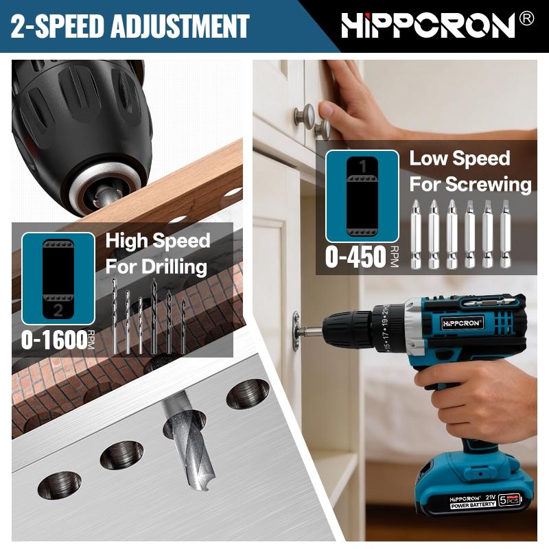 HIPPCRON 21V Cordless Impact Drill Driver Kit, 50N·m 25 GEARS+3 FUNCIONS Torque Settings with 3/8" Keyless Chuck, 800mAh Fast-Charge Battery & LED Light, Compact Professional-Grade Tool for Home Improvement & Auto Repair