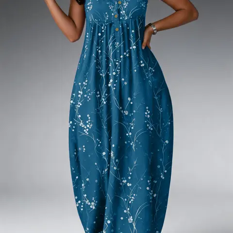 Elegant Plus Size Women's Dress, Loose-Fit Floral Branch Print, Fashionable Chic Sleeveless Long Dress, Summer Dresses