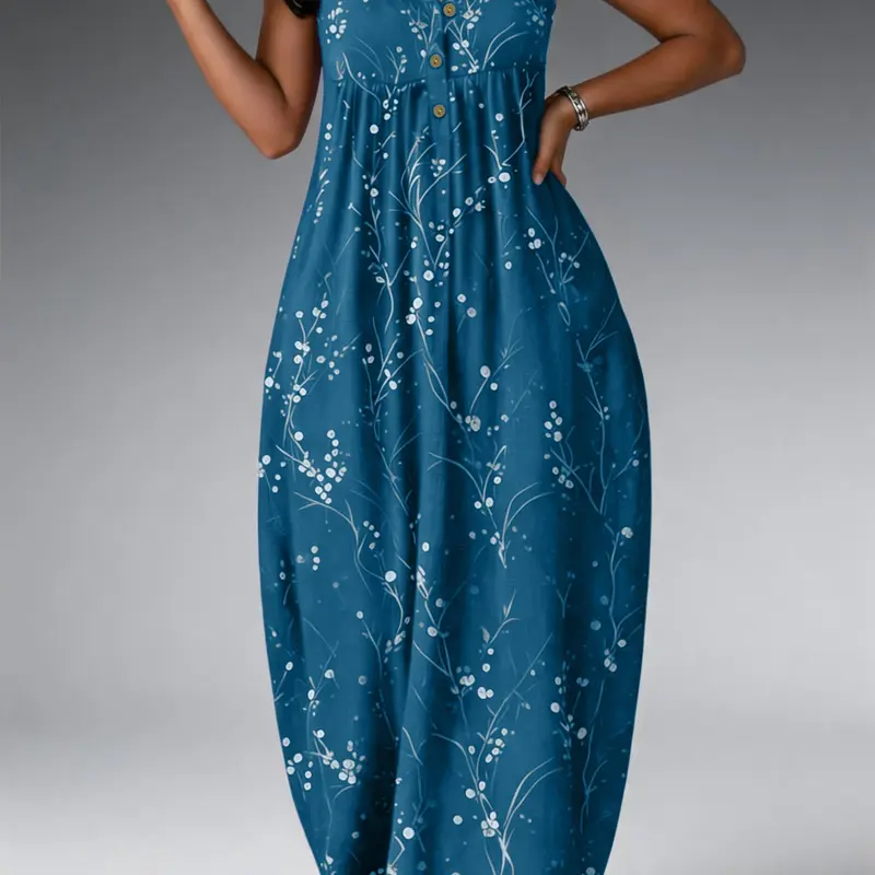 Elegant Plus Size Women's Dress, Loose-Fit Floral Branch Print, Fashionable Chic Sleeveless Long Dress, Summer Dresses