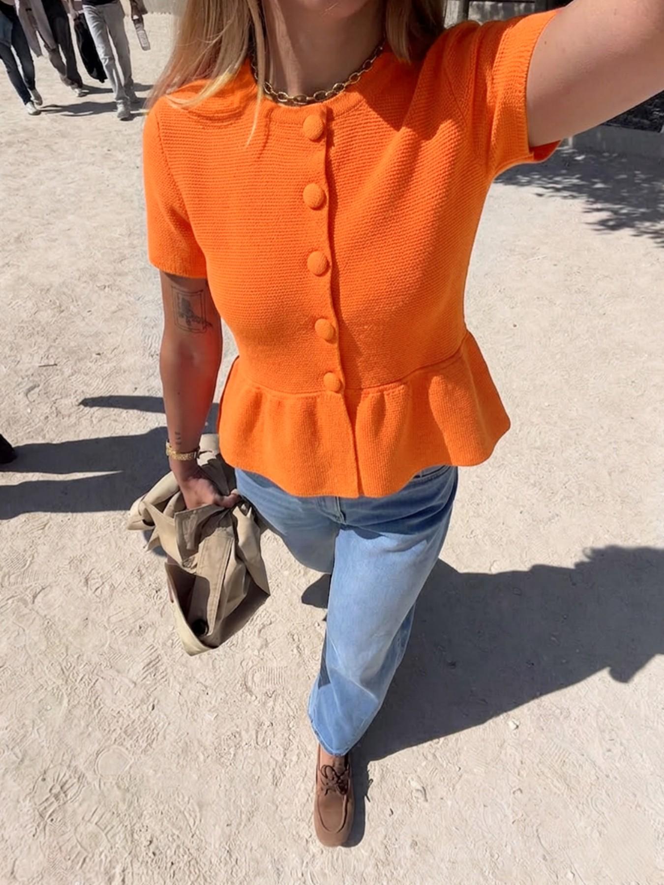 Women Basic Solid Color Crew Neck Short Sleeve Button Front Lightweight Textured Knitted Cardigan Peplum Top Feminine Elegant Summer Casual Knitwear Daily Commute Wear Vacation Outfit Ensemble Ladies
