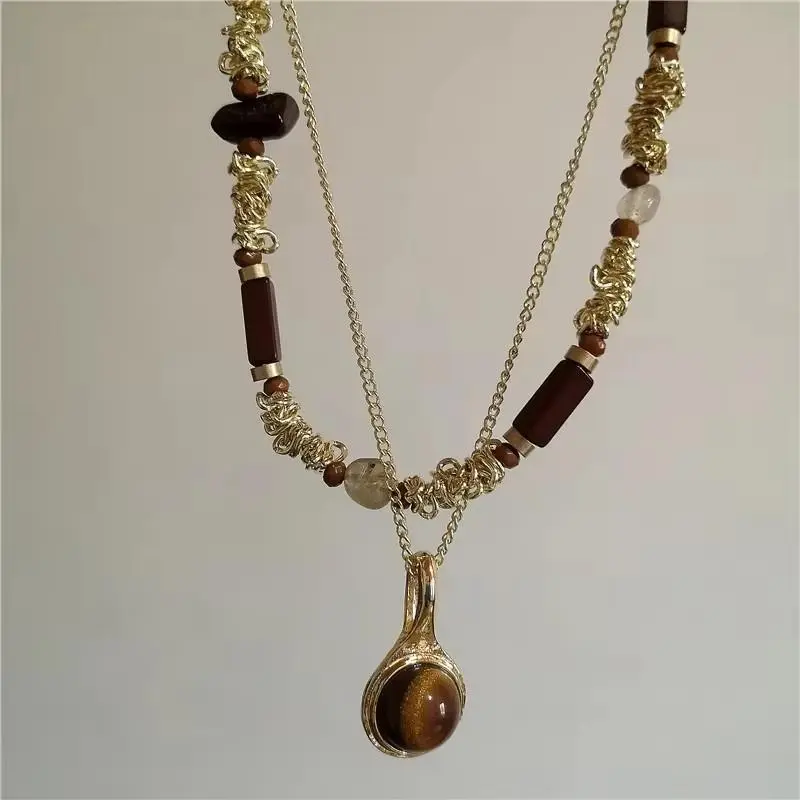 Vintage Brown Stone Sun Pendant Leather Chain Necklace For Women Men Double Layered Choker Fashion Autumn Winter Charm Jewelry