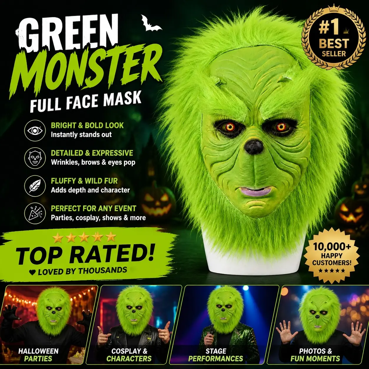 Monster Latex Mask with Fur Headwear, Grinch Style Creepy Monster Cosplay Costume, Party Props for Halloween, Christmas, Birthday
