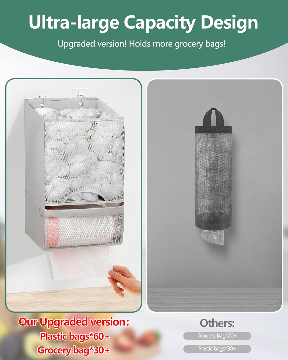 Extra Large 2-in-1 Plastic Mesh Cover Bag Holder Storage, Durable Pull Down Hanging Trash Dispenser Roll Organizer, Single Unit for Home Kitchen Daily Use (Deep Grey), Trash Holding