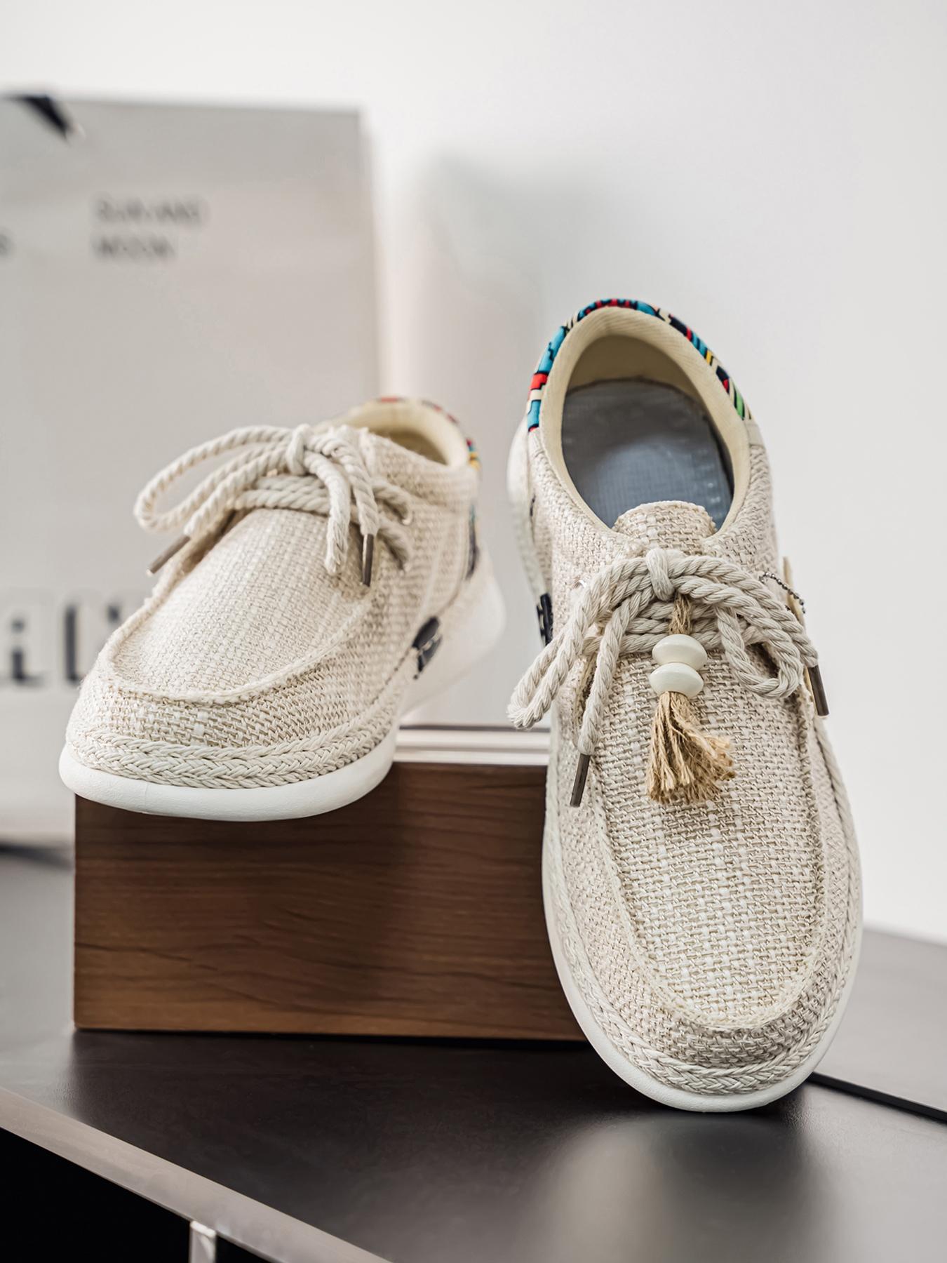 Summer New Men's Linen Shoes, Breathable Non-Stuffy, Colorblock Geometric Pattern, Fringe Decor, Retro Ethnic Style, Comfortable Thick Sole