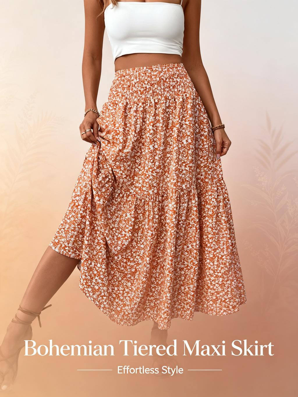 A-line long floral print midi skirt - autumn/spring premium patchwork women's skirt, Lady, Skirts