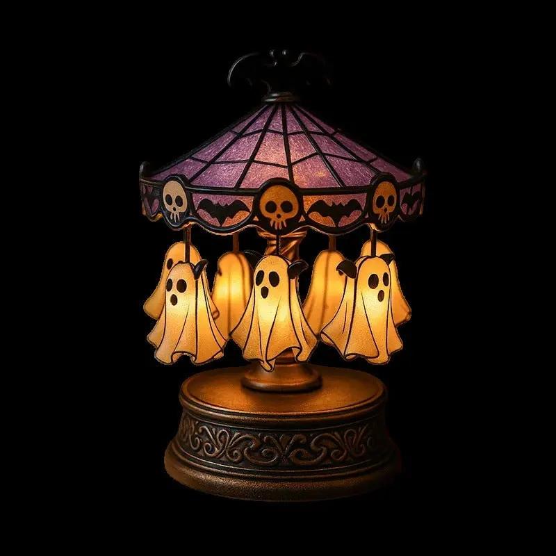 Cute Halloween Ghost Carousel Night Light, Antique Stained Glass, Vintage Carousel Decor, Indoor Home Party Kitchen Table