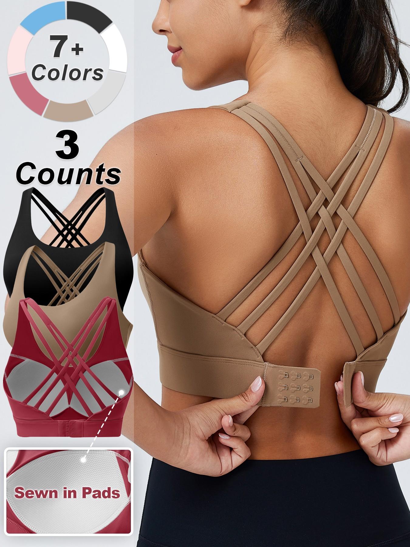 Sports Bra with Sewn in Pads,3 Row Adjustable Hook-eye Closure