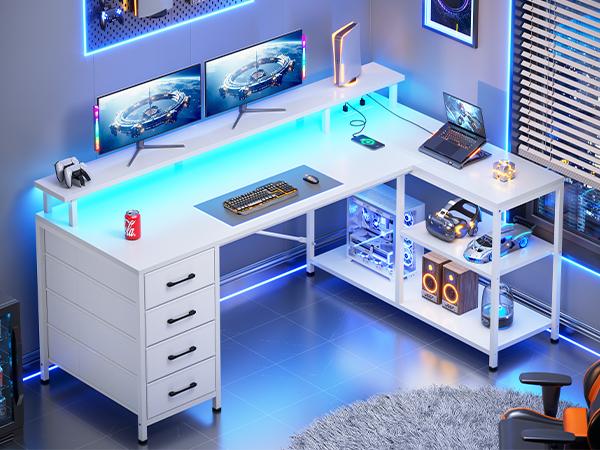 SEDETA 47.2 Inch L Shaped Desk with 4 Drawers and Storage Shelves L Shaped Gaming Desk with LED Lights Power Outlets