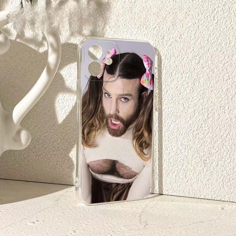 Cartoon Parody "Bearded Uncle in Lolita Outfit" Transparent Phone Case — Cute Protective Cover for iPhone 17, 16, 15, 14, and 13 Series