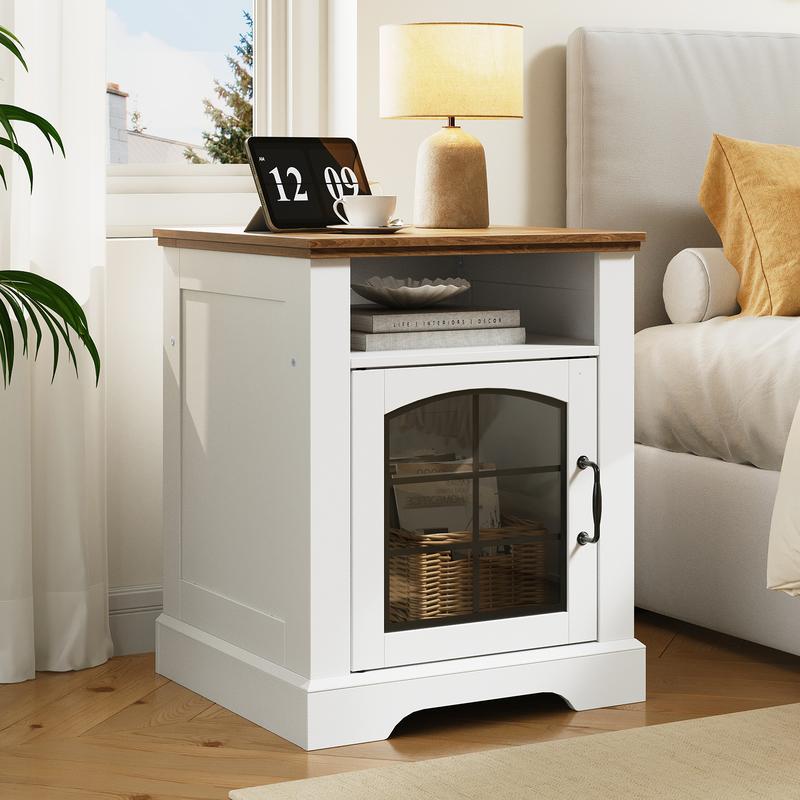 HOOBRO Small Farmhouse End Table for Living Room, Rustic Nightstand with Charging Station, Wooden Sofa Side Table with Tempered Glass Barn Door, for Bedroom, White and Walnut