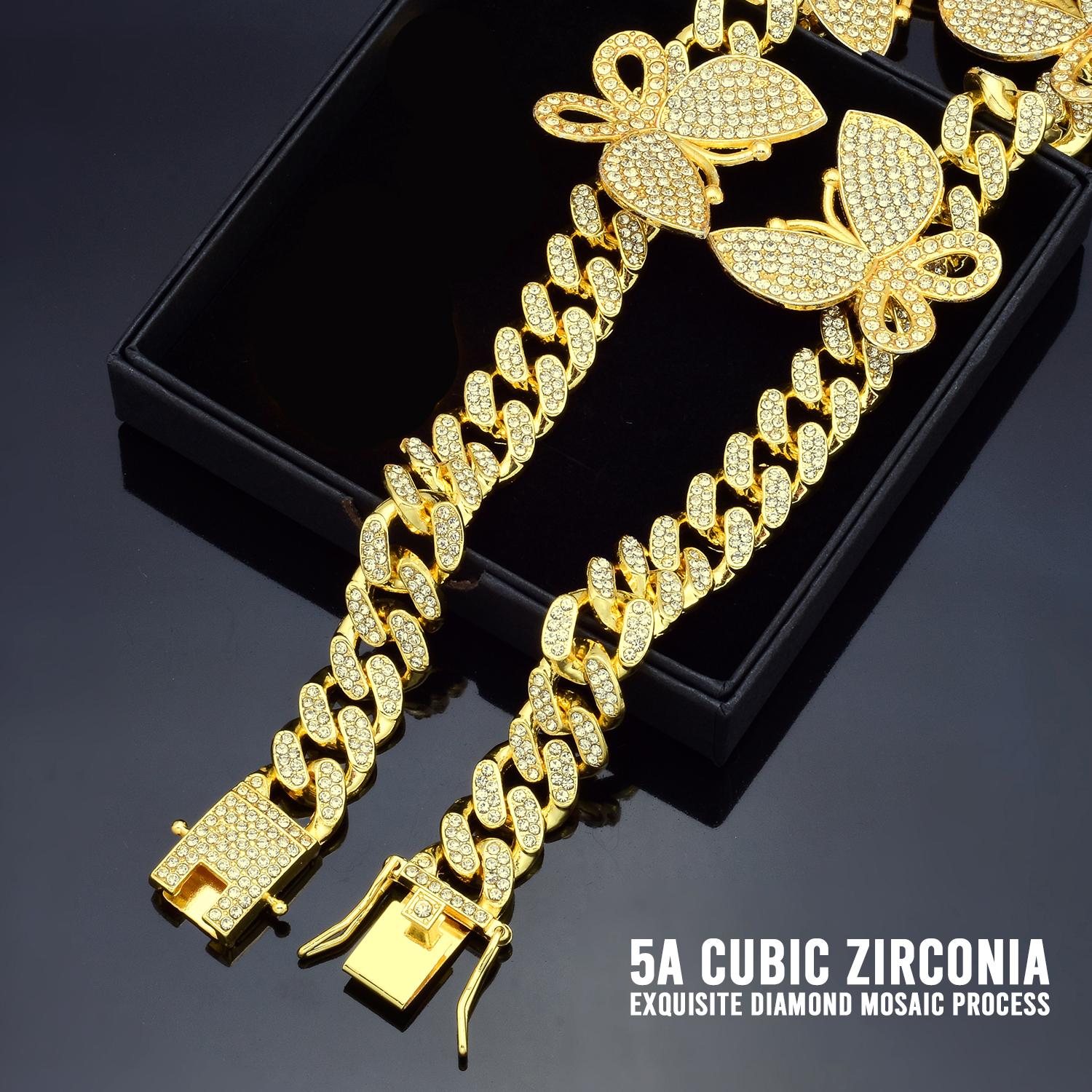 Gold Dog Collar with Bling CZ Diamond Butterfly 13mm Cuban Link Dog Cat Collar Design Dog Chain Collars Necklace for Small Medium Large Dogs