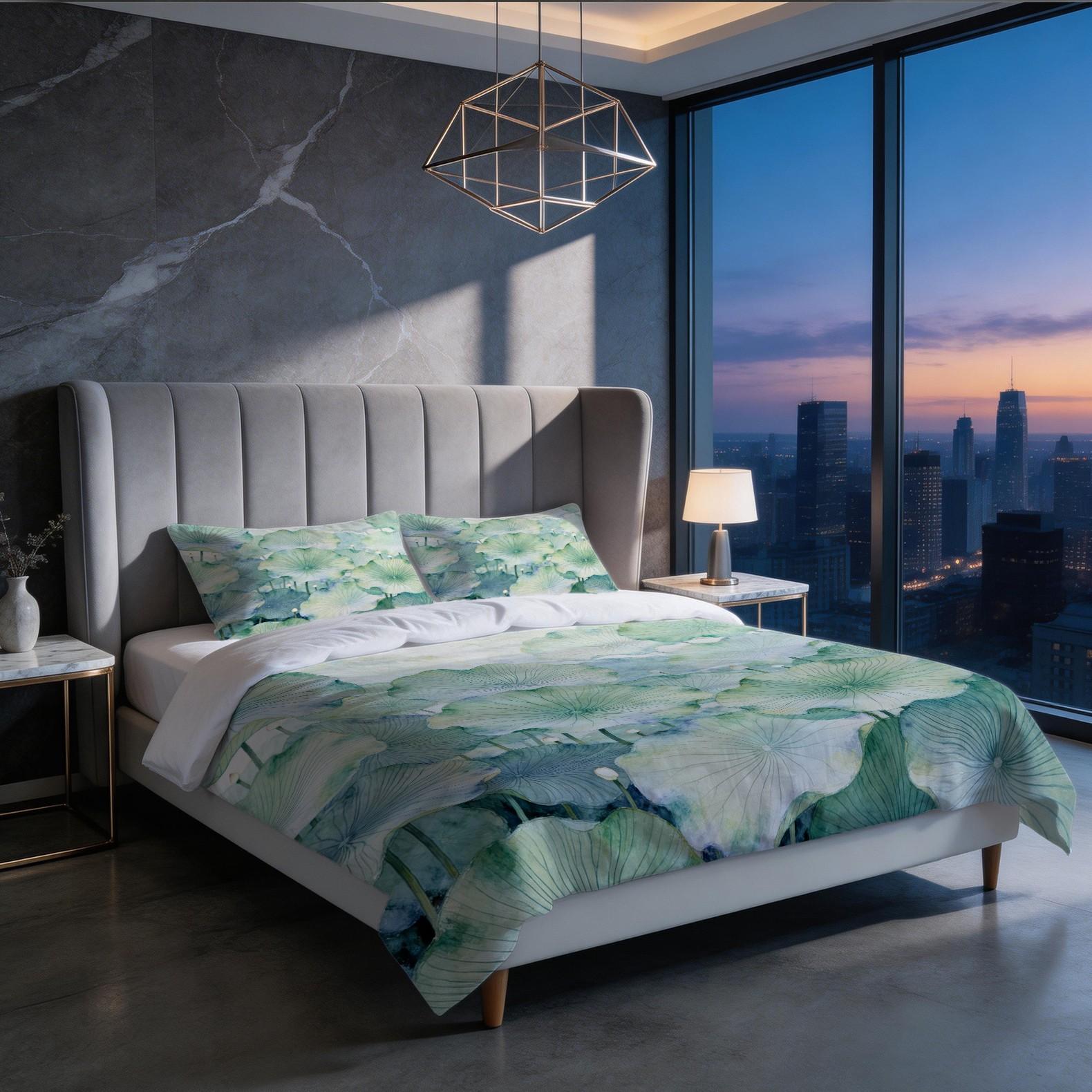 2/3 Piece Watercolor Lotus Leaf Duvet Cover Set, Green Lotus HD Digital Print Bedding Set, Soft Breathable Comforter Cover with Zipper & Corner Ties for Bedroom & Dorm (Comforter Not Included)