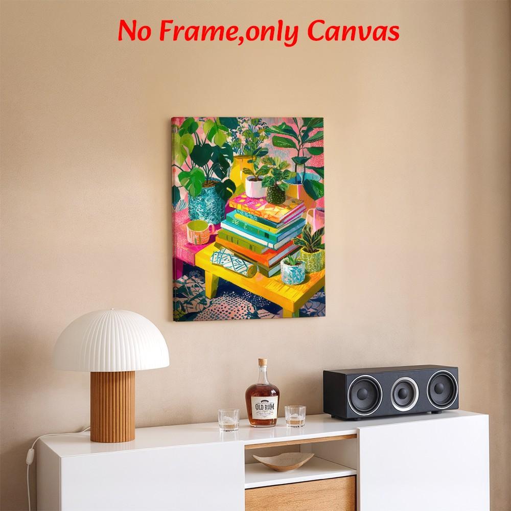 Vibrant Wall Art, Colorful Maximalist Houseplant & Book Stack Still Life Poster, Boho Expressionist Style Printing, Multicolor Bright Tone Canvas Decoration, Living Room & Study Aesthetic, Perfect Housewarming Gift, Framed.