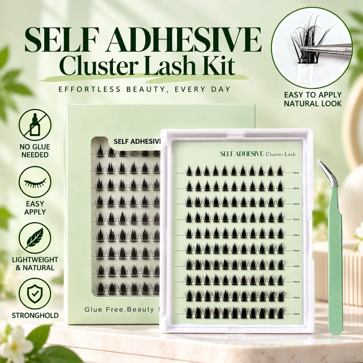 Handmade Wide Glue Band 1.5mm Self Adhesive Eyelashes, 1 Set Natural Look Eyelash Extensions, Self Adhesive False Eyelashes Kit with Applicator, Animi Spike Wispy Glue Free Cluster Eyelash，Eye Makeup Product for Women & Girls, Cosmetic