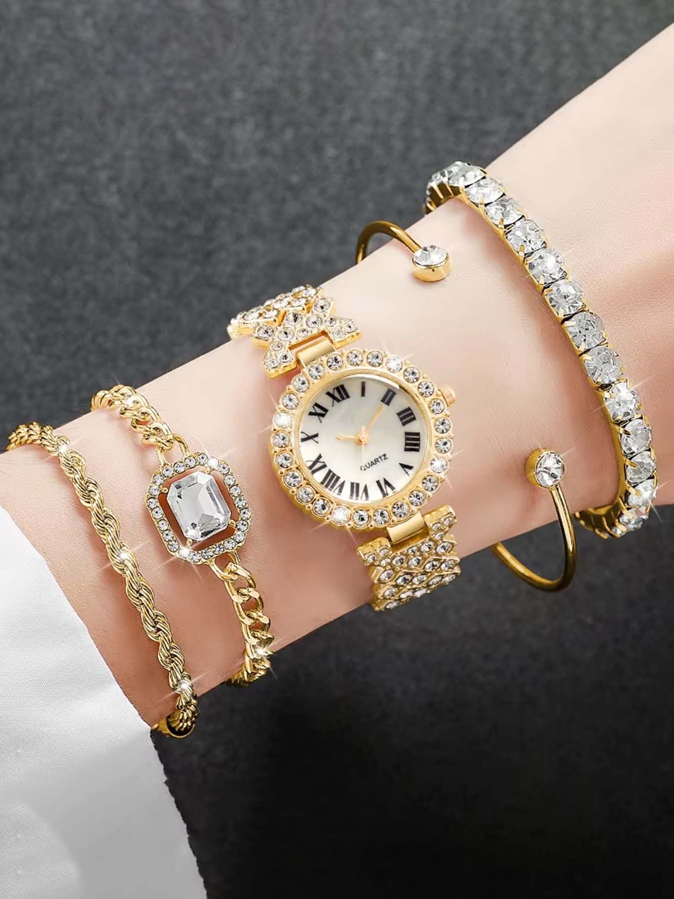 5-piece set of fashionable Trendy Roman numeral diamond-embellished ladies' quartz watch bracelet wristwatch set