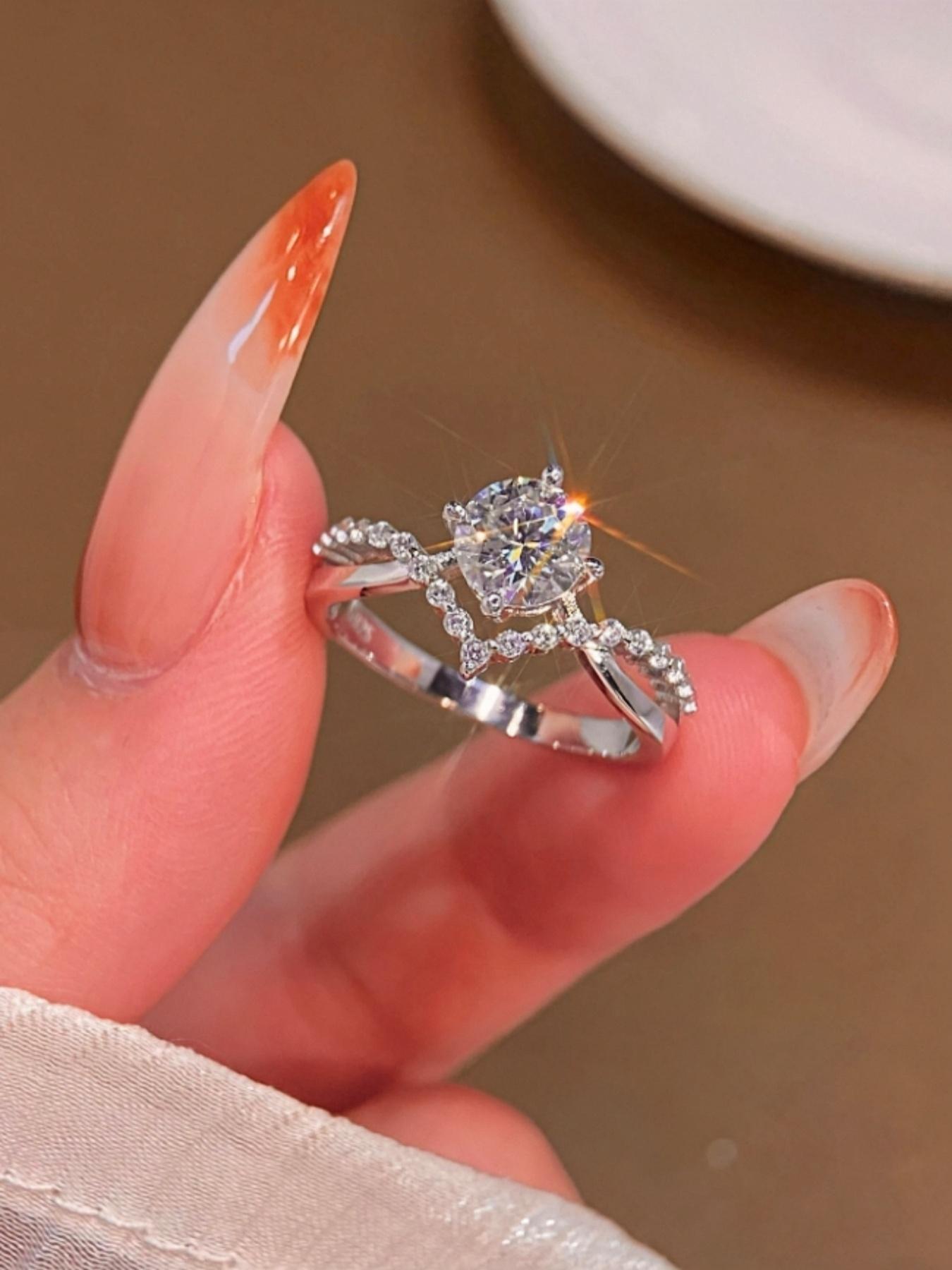 S925 Sterling Silver 1 Carat Synthetic Moissanite Ring, Luxury Wedding Engagement Ring for Women, Trendy All-match & Exquisite Jewelry for Birthday Gift