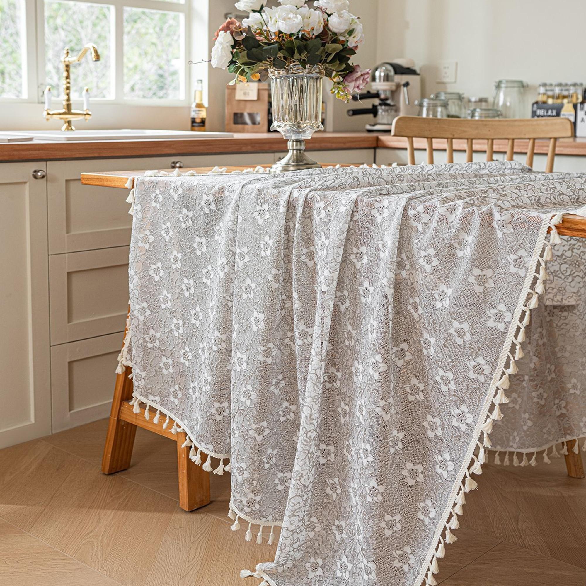 1pc Rustic Lace Fringe Tablecloth, Square Rectangle Camellia Cutout, Vintage Farmhouse Style, European French Retro Design