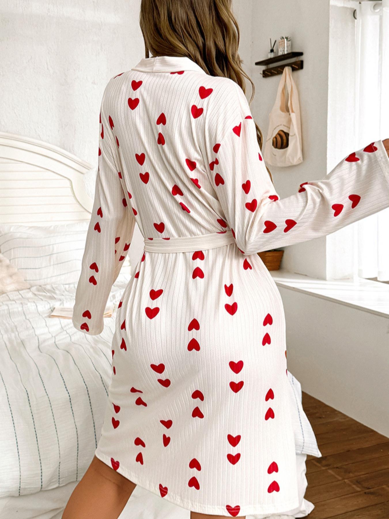 Women's Long Sleeve Heart Print Knit Robe, Casual Fall & Winter Sleepwear, Comfortable Home Wear, All-Season Bathrobe